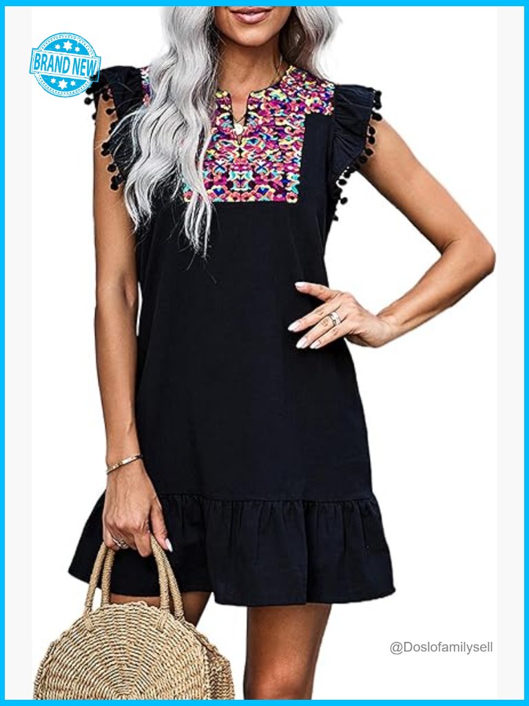 Floral Embroidered Mini Dress V-Neck Sleeveless Boho Shift Casual Summer